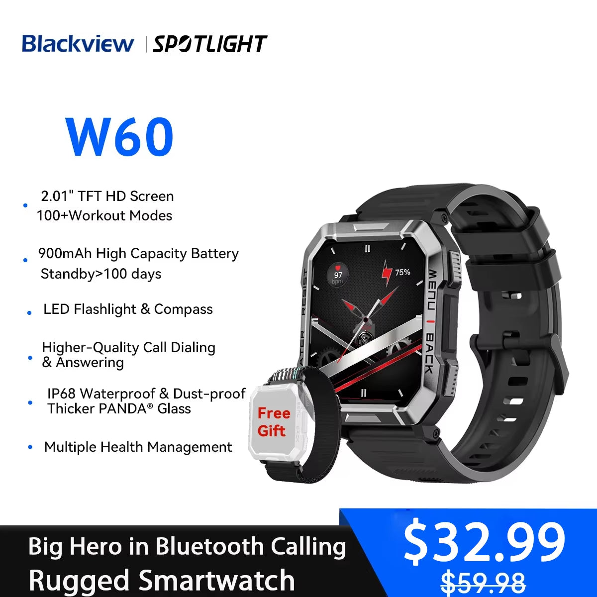 W60 2024 New Smartwatch 2.01'' HD Display TFT Rugged Smart Watch for Outdoor with Emergency Lighting Bluetooth Calling