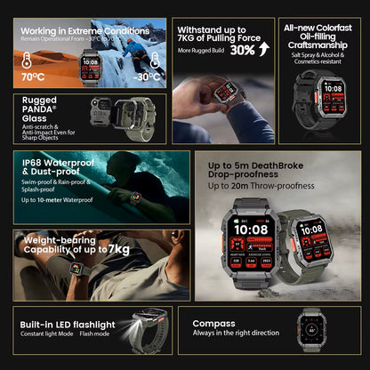 W60 2024 New Smartwatch 2.01'' HD Display TFT Rugged Smart Watch for Outdoor with Emergency Lighting Bluetooth Calling